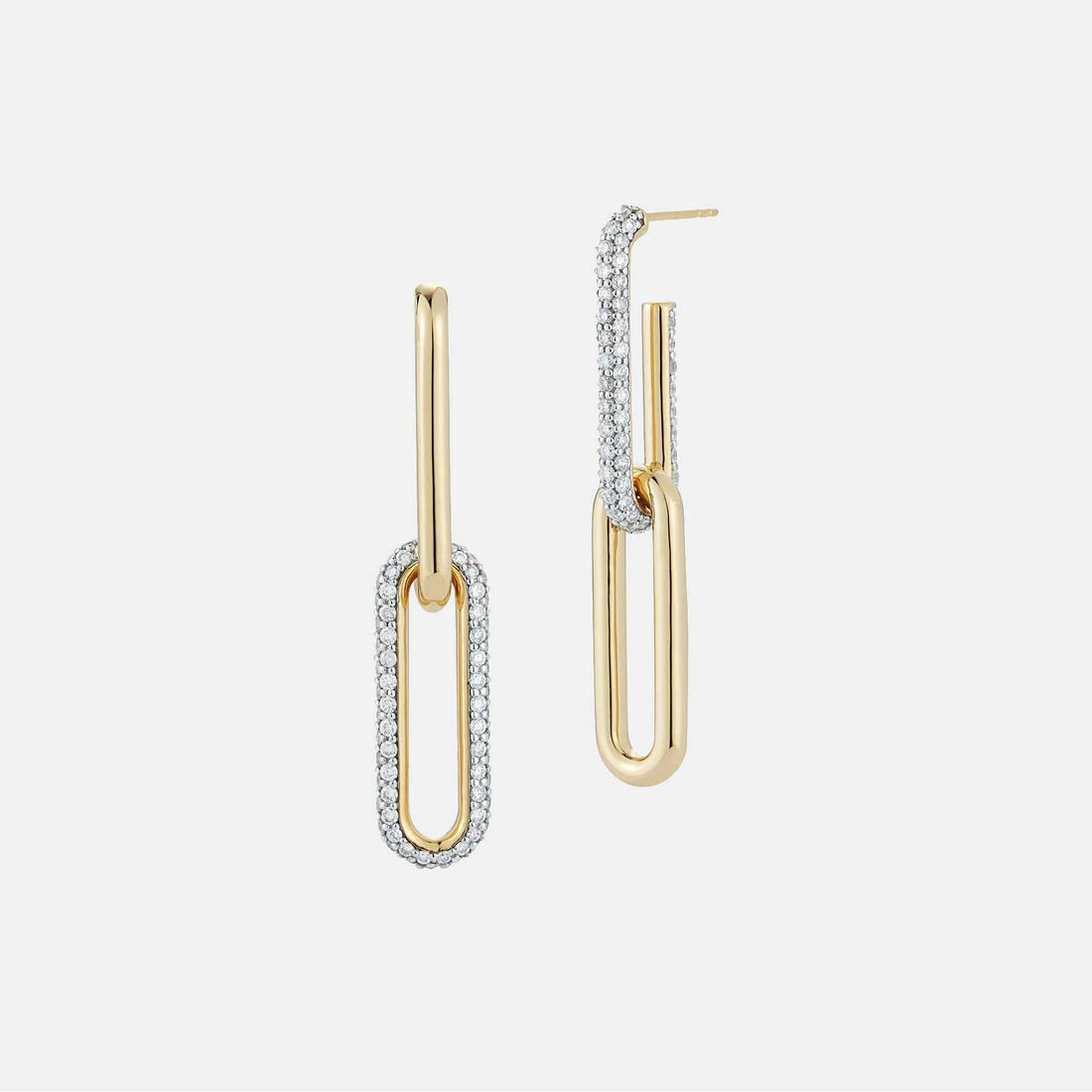 SAXON 18K Yellow GOLD AND WHITE RHODIUM DIAMOND MIX MATCHED 2 DROP ELONGATED LINK EARRING