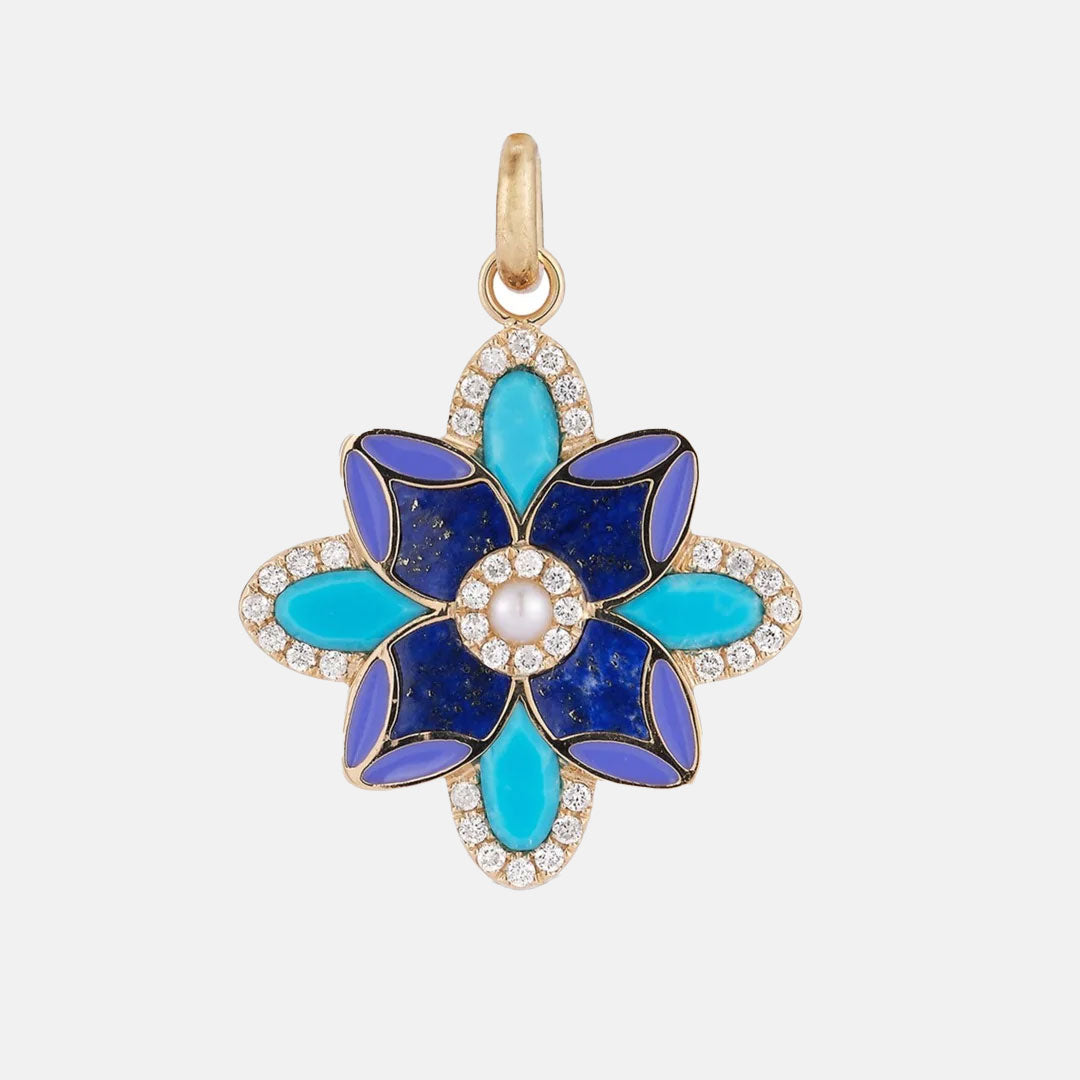 14K Gold Violet Large Flower Mixed Stone Charm