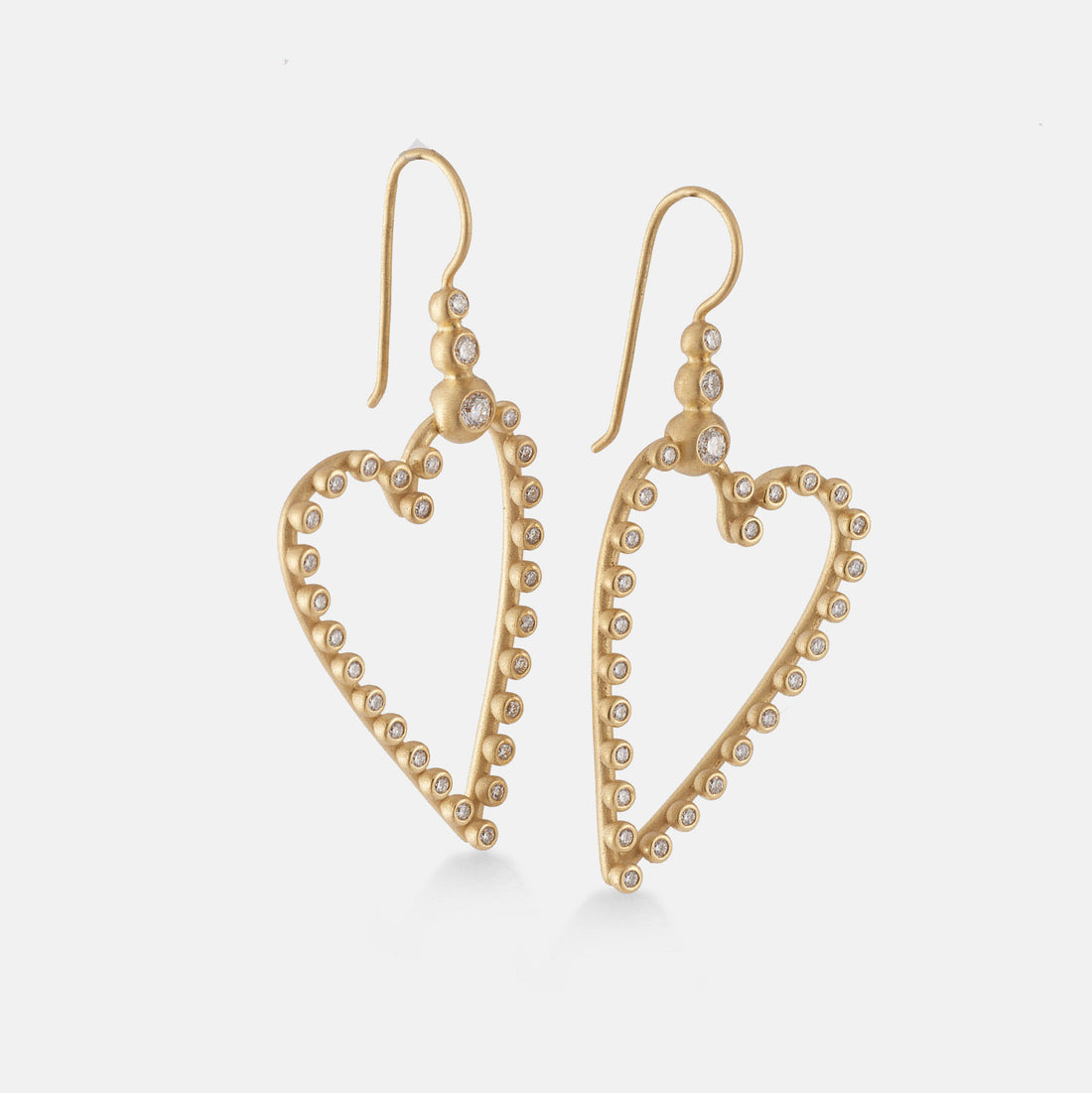 Front facing elongated heart shaped diamond studded earrings