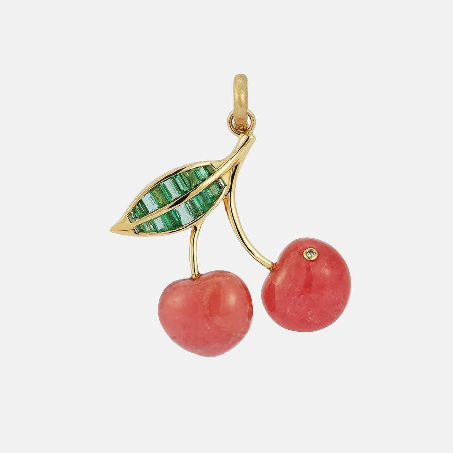 14K Gold Emerald & Rhodochrosite Sweet Cherry Charm