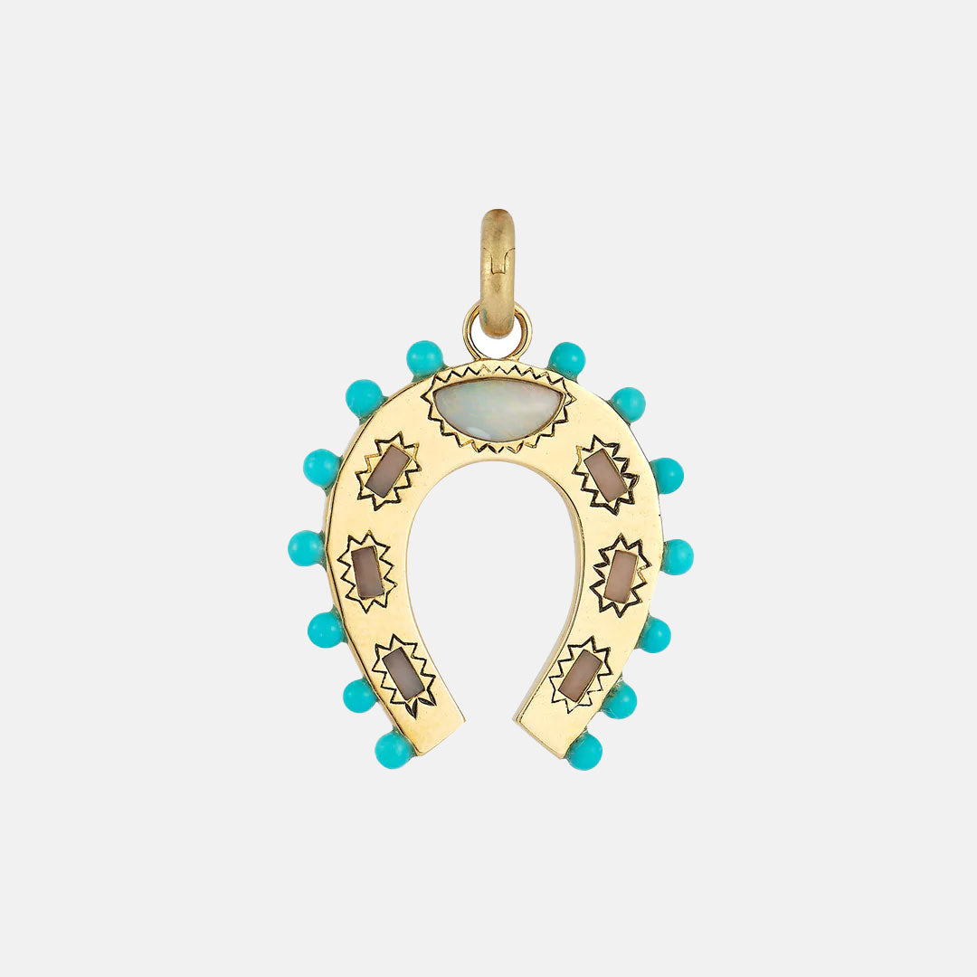 14K Gold Turquoise Opal & Pearl Holly Horseshoe Charm